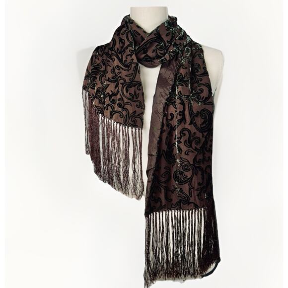Whimsigoth Burnout Velvet Witchy Boho Romance Black Brown Scarf Wrap Tassels 90s - Picture 1 of 3